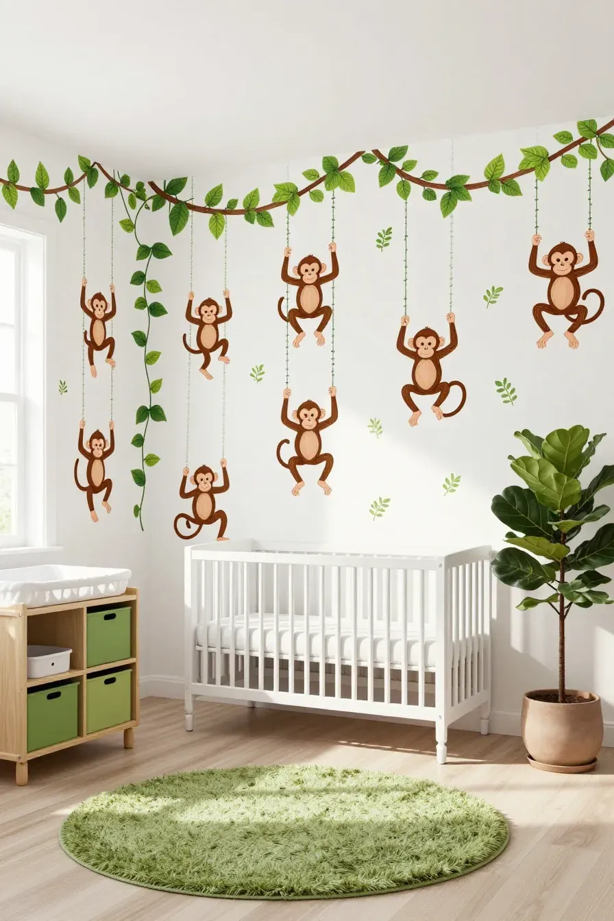 A playful nursery with monkeys swinging from green vines on the wallpaper and bright green accents.