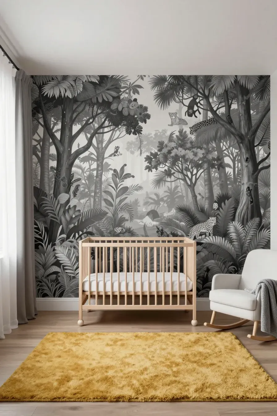 A modern nursery featuring a grayscale forest mural with hidden safari animals behind a wooden crib.