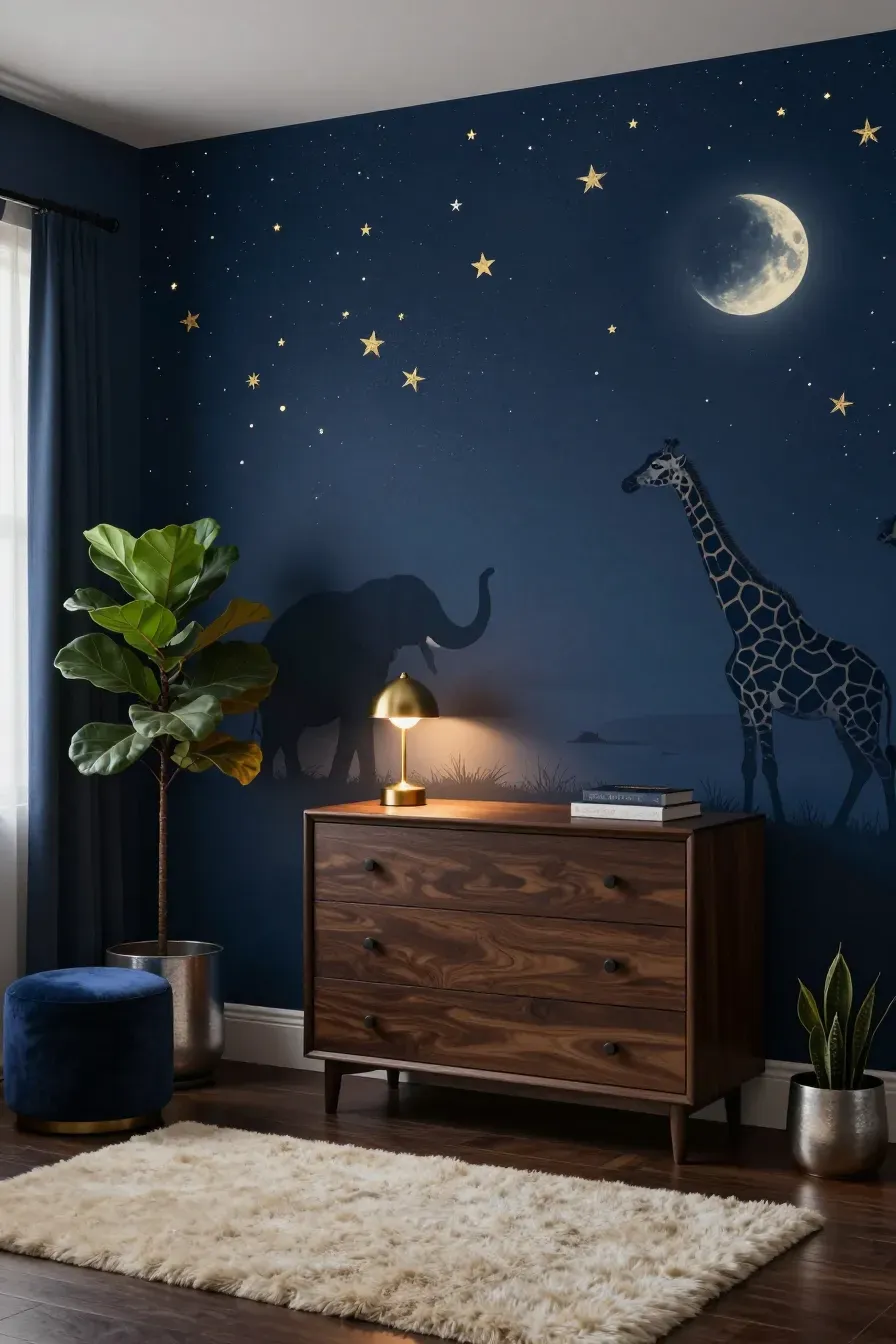 A cozy nursery with deep blue wallpaper featuring gold stars and silhouettes of safari animals.