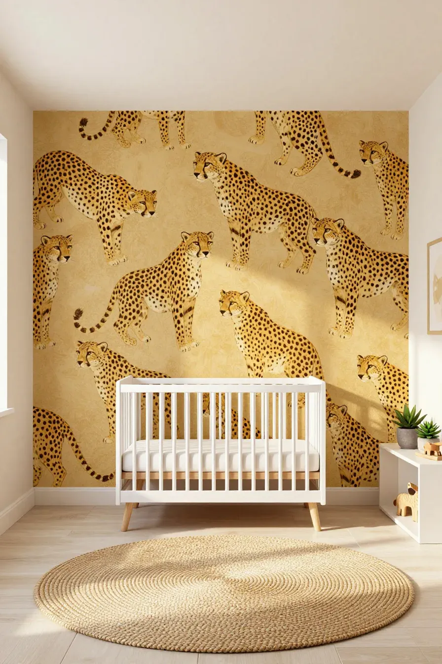 A bright nursery with a golden cheetah print feature wall, a white modern crib, and a jute rug.