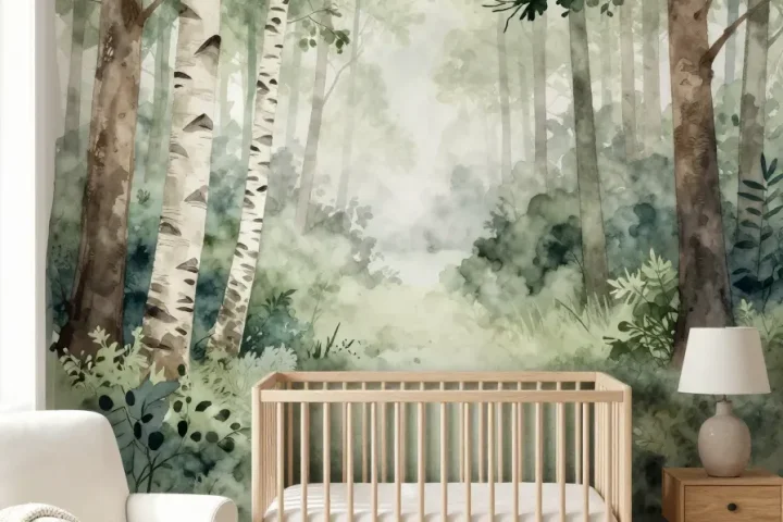 A soft watercolor forest mural behind a light wood crib in a bright, airy woodland themed nursery.