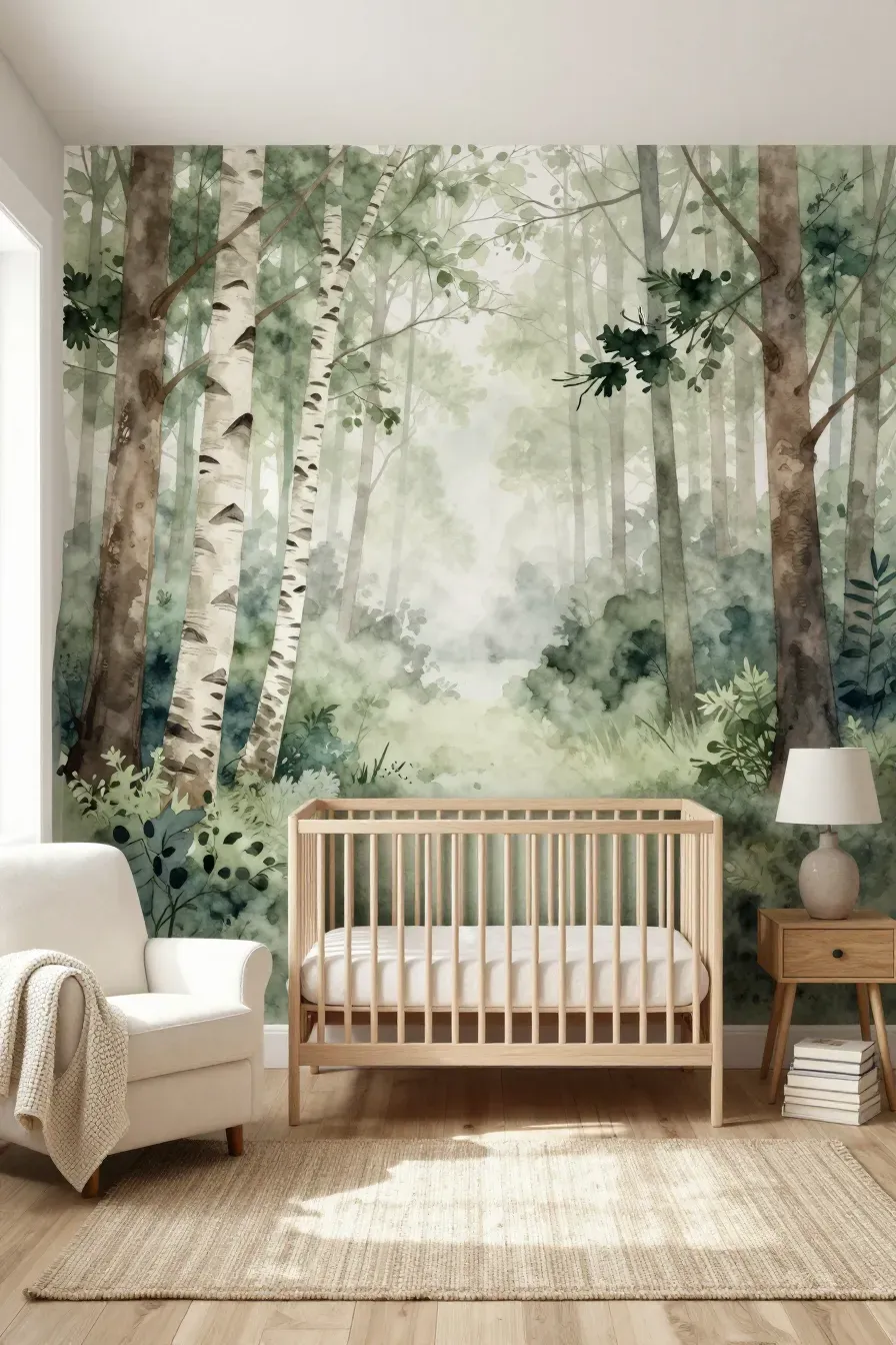 A soft watercolor forest mural behind a light wood crib in a bright, airy woodland themed nursery.