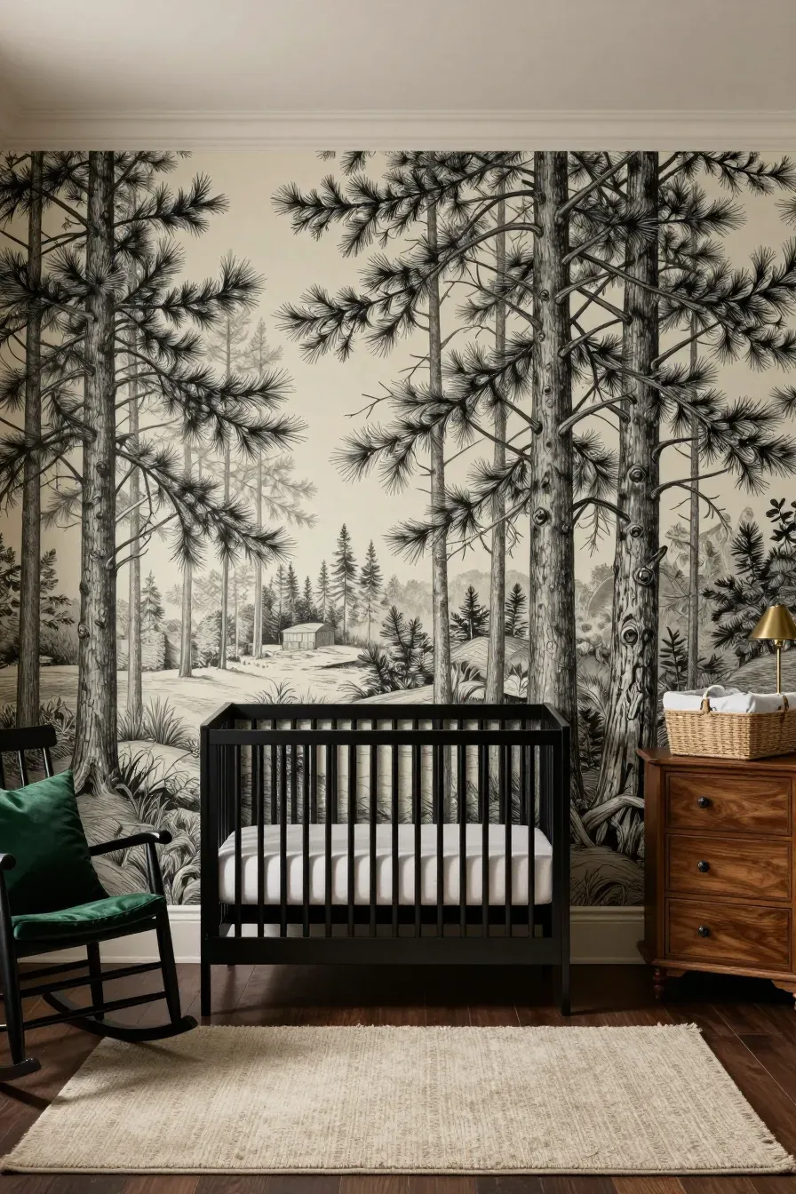 Monochrome etched pine tree wallpaper in a vintage nursery with a dark wood spindle crib.
