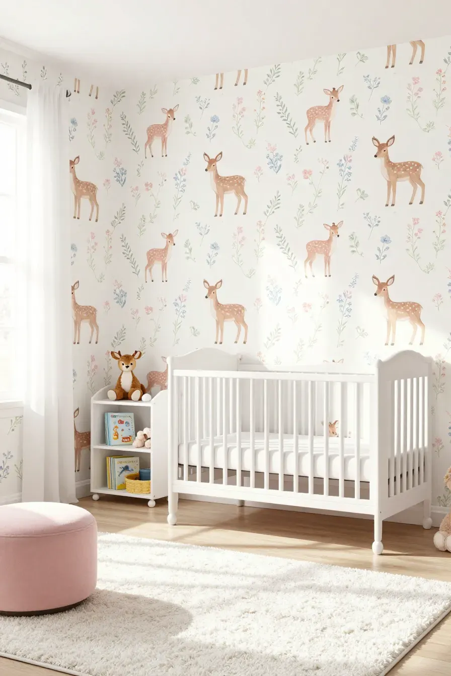 A nursery with soft pastel deer and fawn wallpaper, a white crib, and a plush white rug.