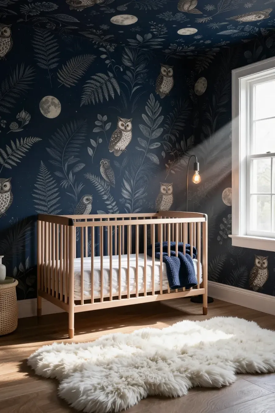 Dark navy botanical wallpaper with owls in a nursery with a light wood crib and sunbeams.