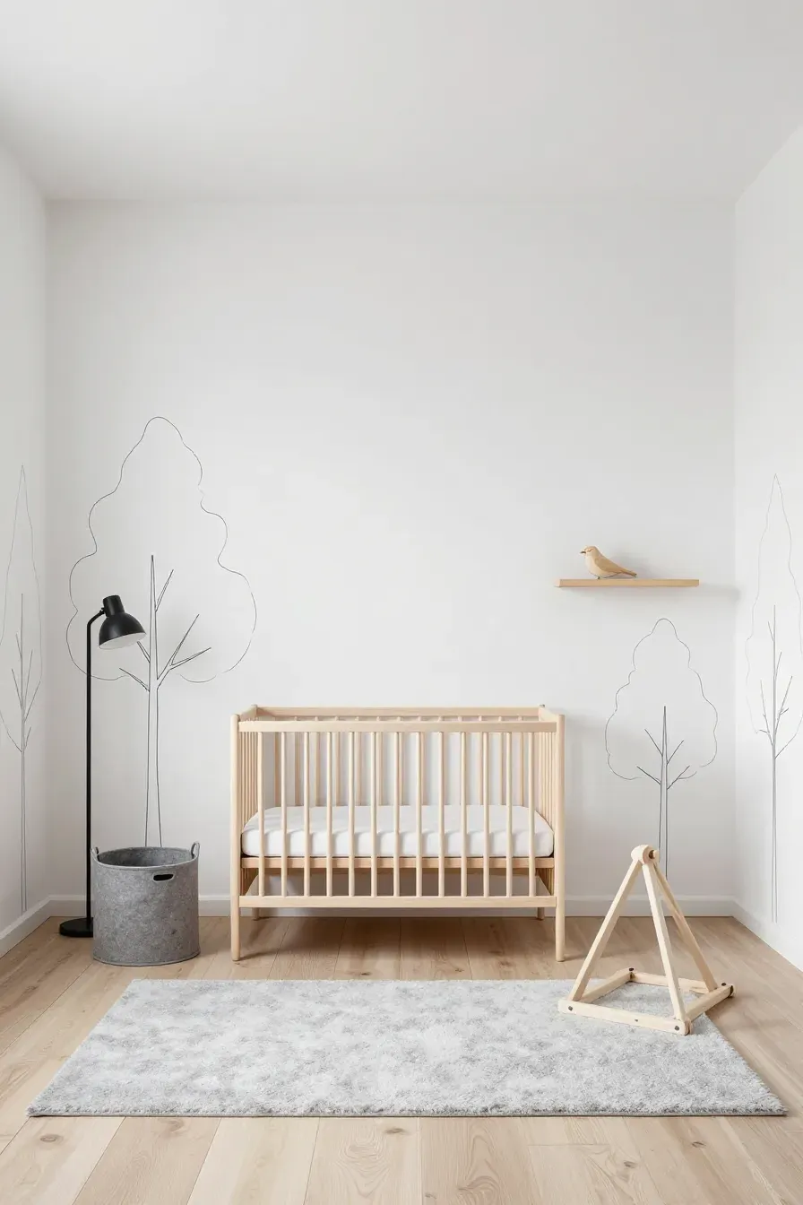 Minimalist Scandinavian nursery with black tree outlines on white walls and birch wood furniture.