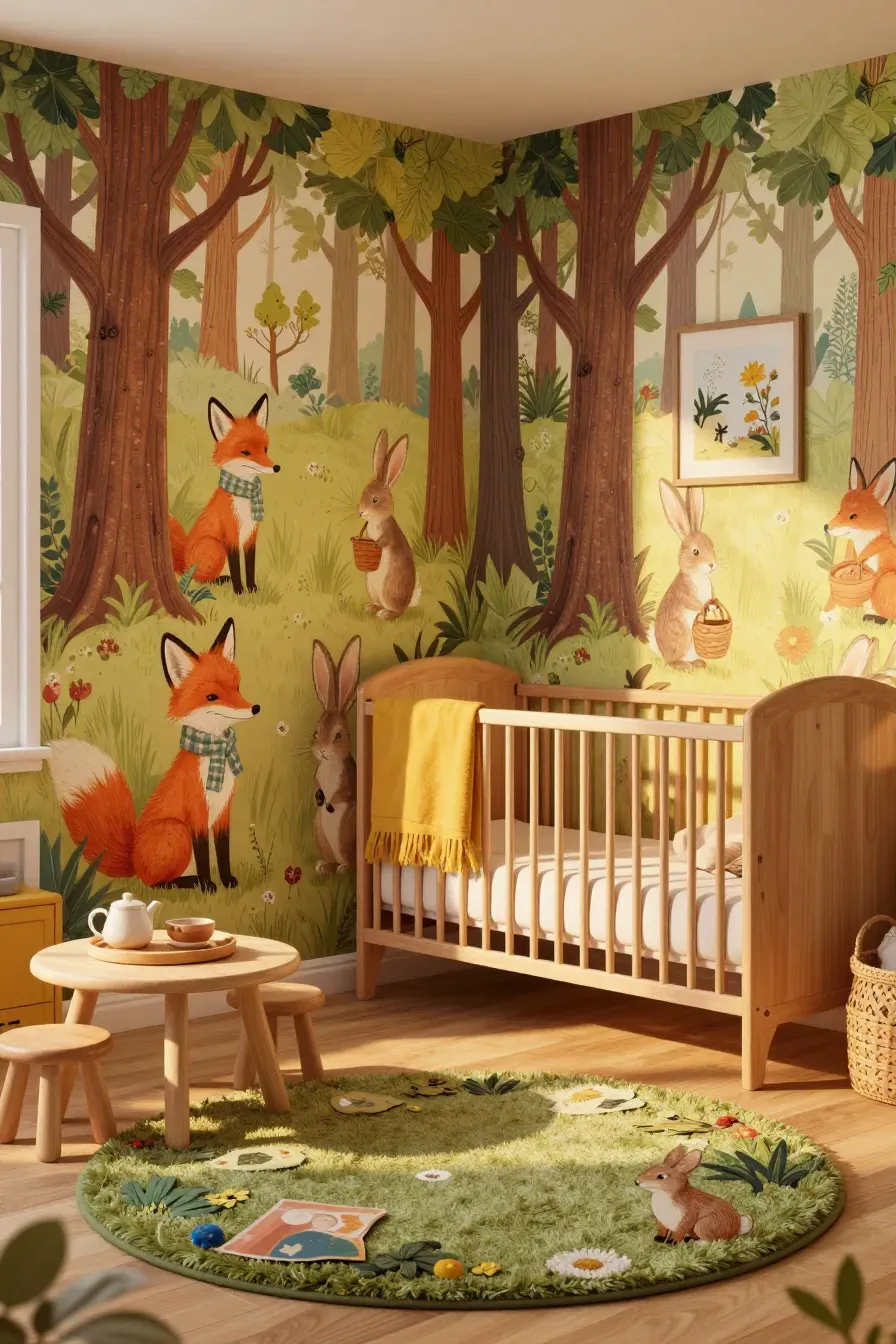 Whimsical nursery with fox and rabbit wallpaper, a honey-toned crib, and a green forest rug.