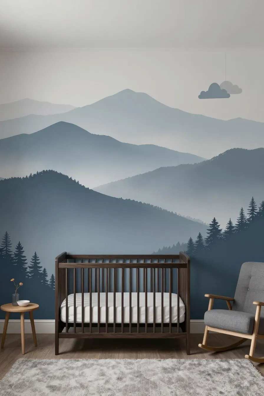 A nursery featuring a misty blue mountain mural behind a dark wood crib and a gray rocker.