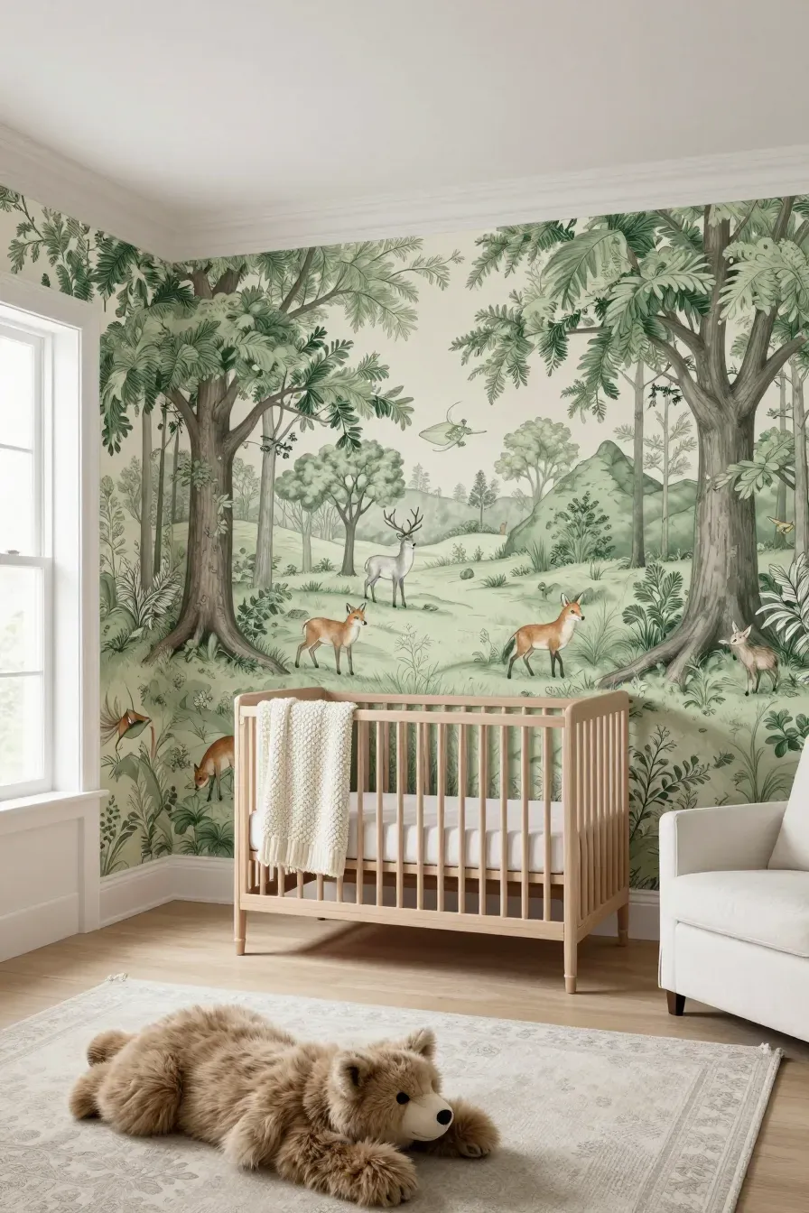 A high-end nursery with green Toile de Jouy forest wallpaper, an oak crib, and a plush bear rug.