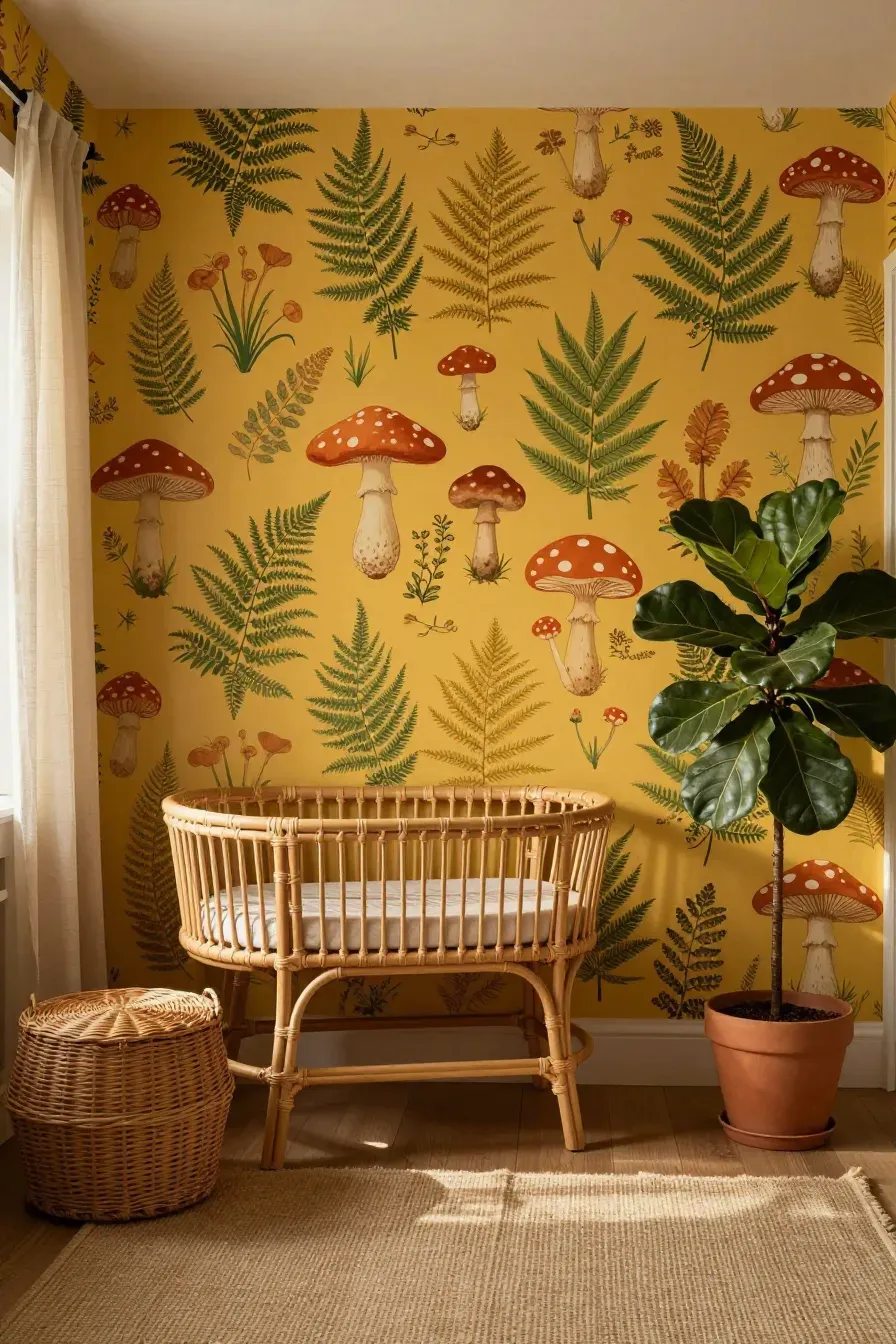 A retro-style nursery with mushroom and fern wallpaper, rattan furniture, and warm golden lighting.