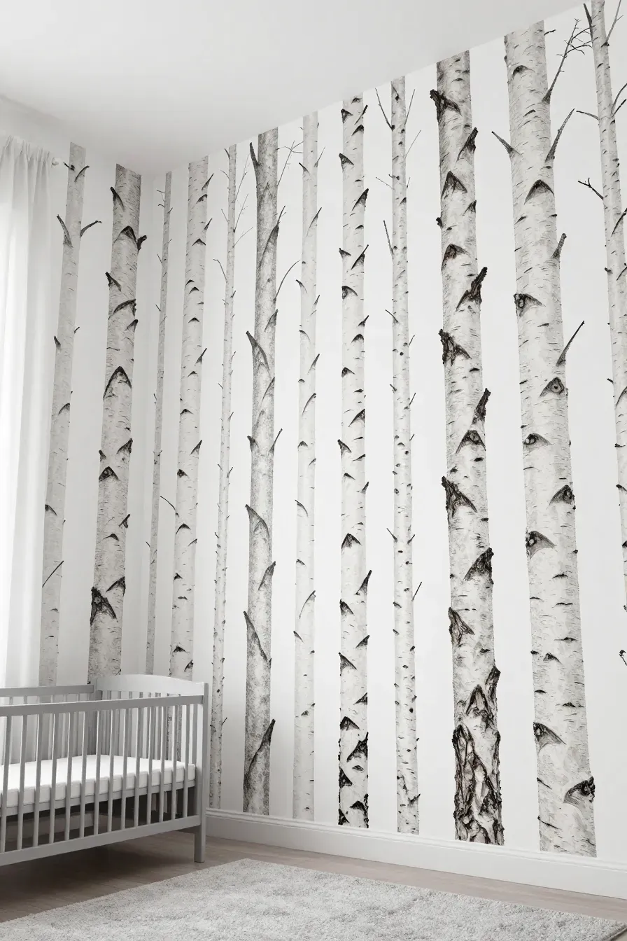 A modern nursery with oversized white birch tree wallpaper and minimalist gray furniture.