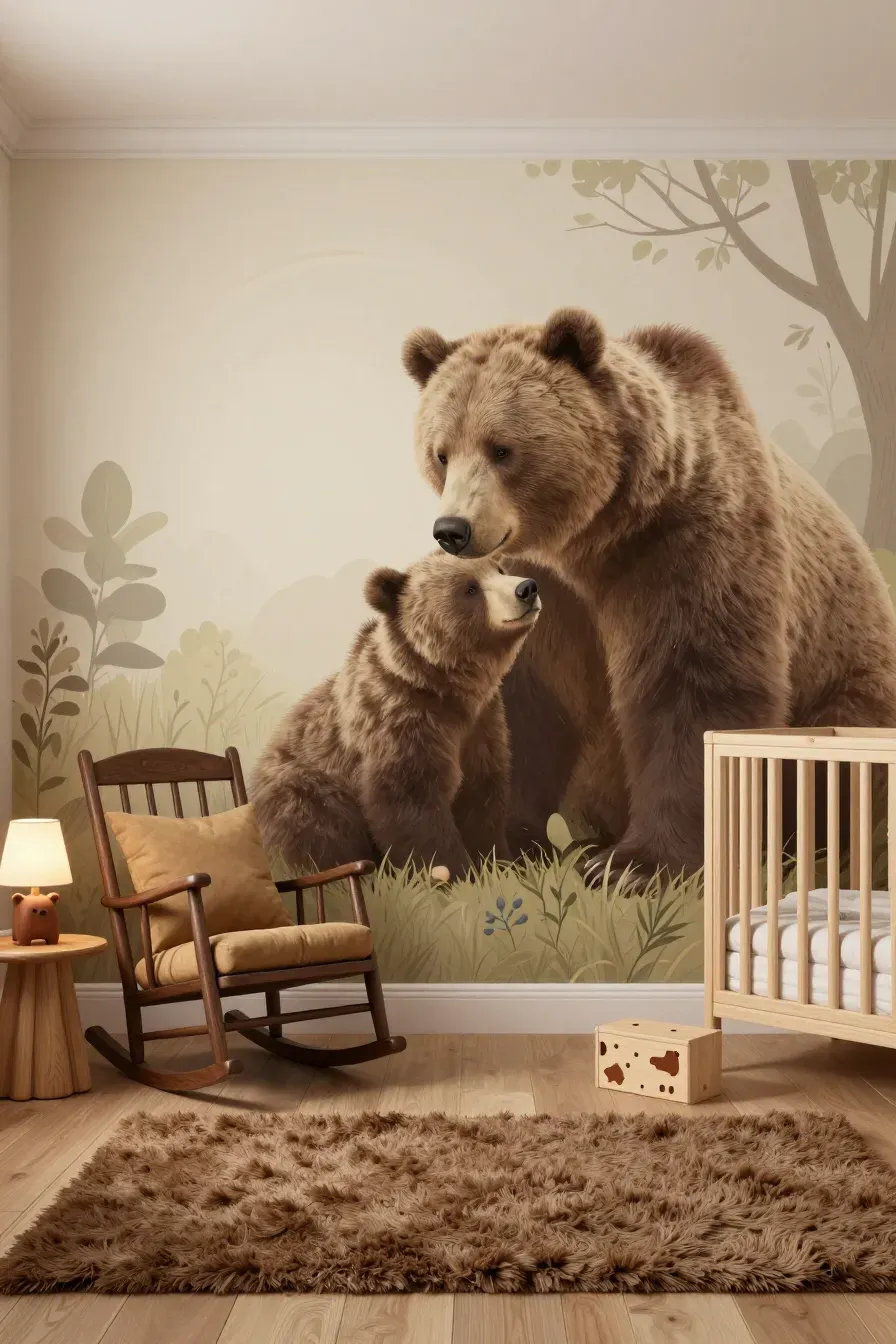 A cozy nursery featuring a mother bear and cub mural with warm brown tones and wooden furniture.