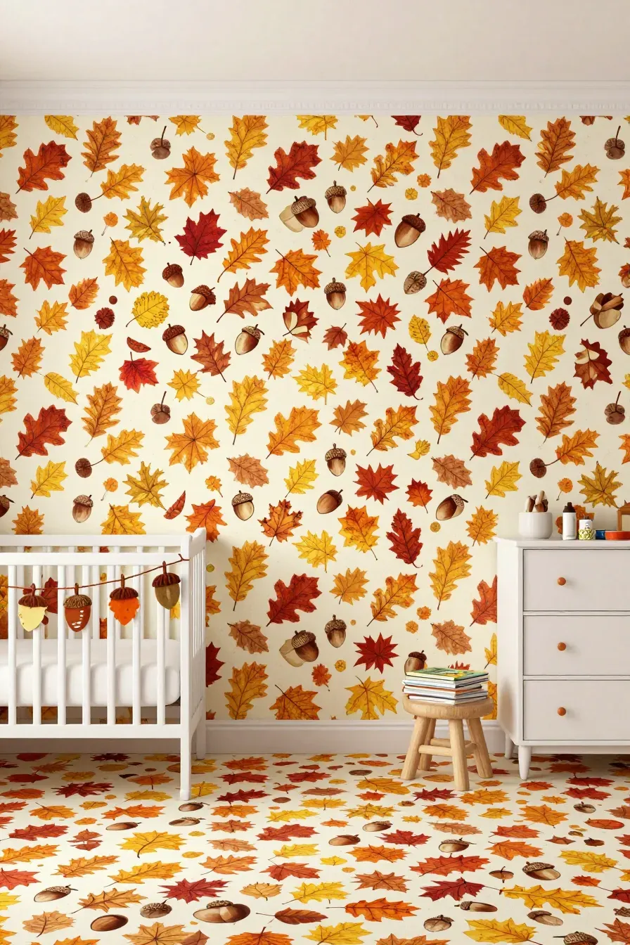 A cheerful nursery with repeating autumn leaf and acorn wallpaper in gold and red tones.