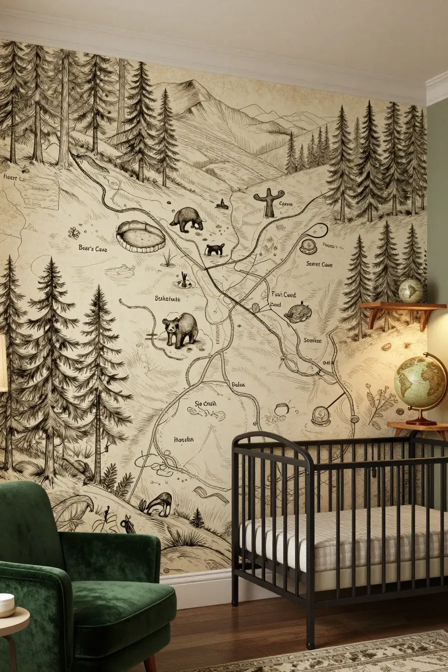 An adventurous nursery with a vintage forest map mural and a dark iron crib.
