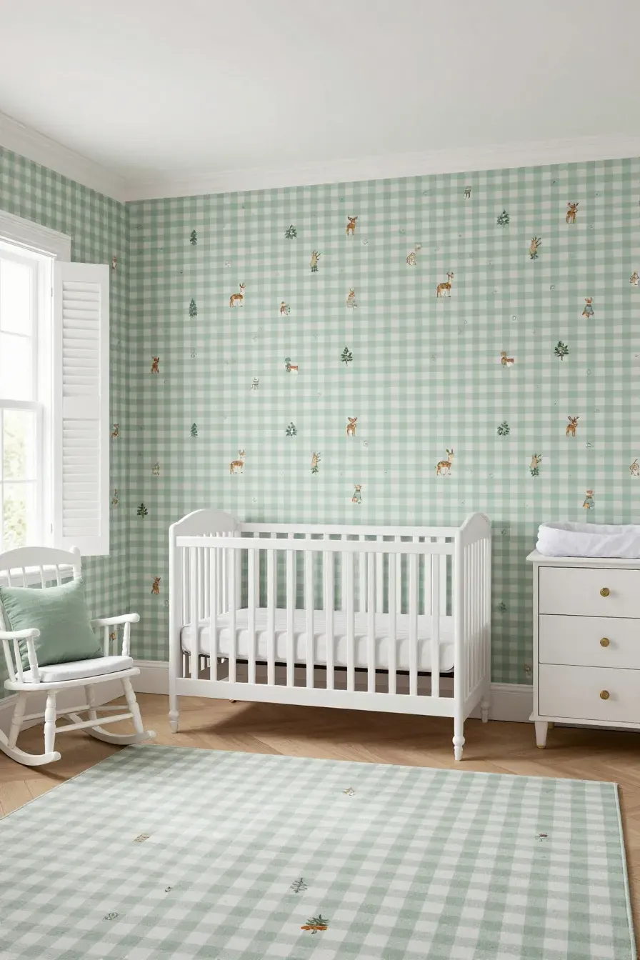 A traditional nursery with sage green gingham wallpaper featuring tiny forest animals and white furniture.