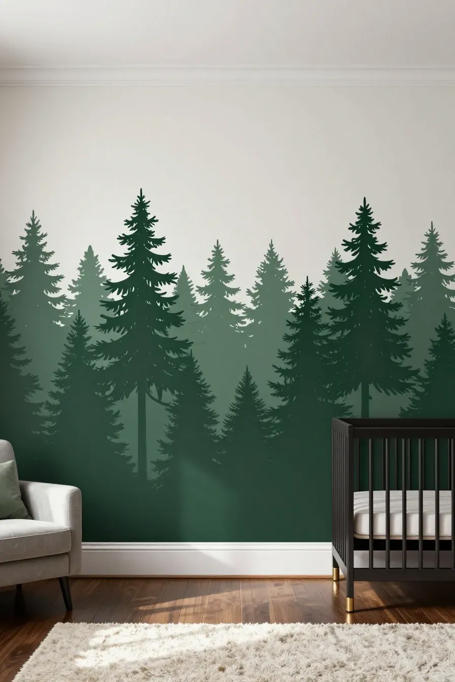 A modern nursery with dark green spruce tree silhouette wallpaper and dark wood floors.