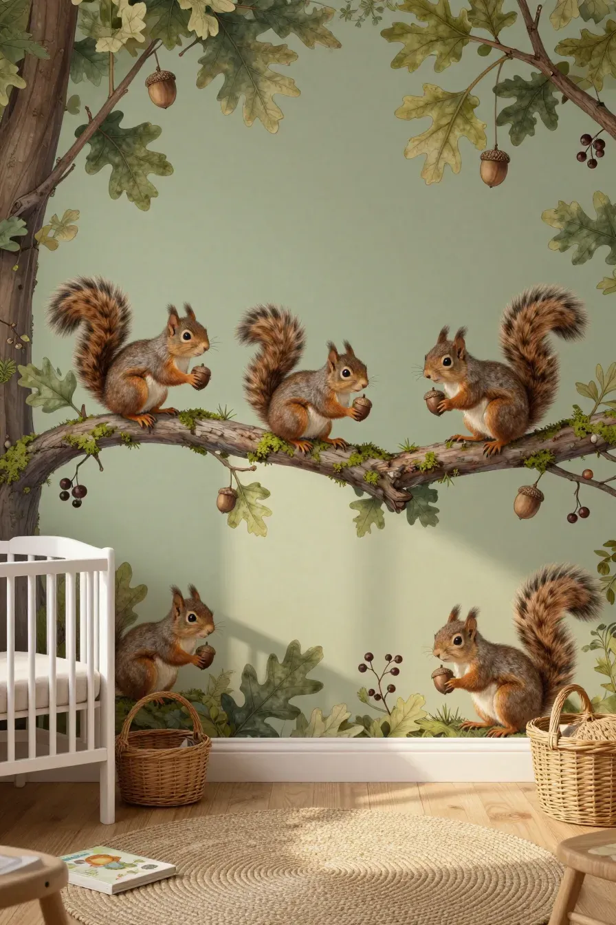 A nursery room featuring a whimsical squirrel and branch wallpaper border at waist height.