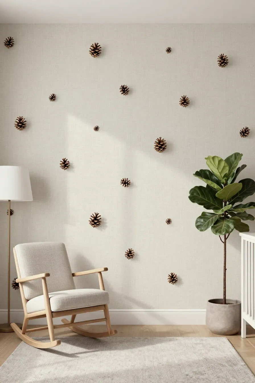 Sophisticated linen-textured wallpaper with small pinecone prints in a neutral nursery.