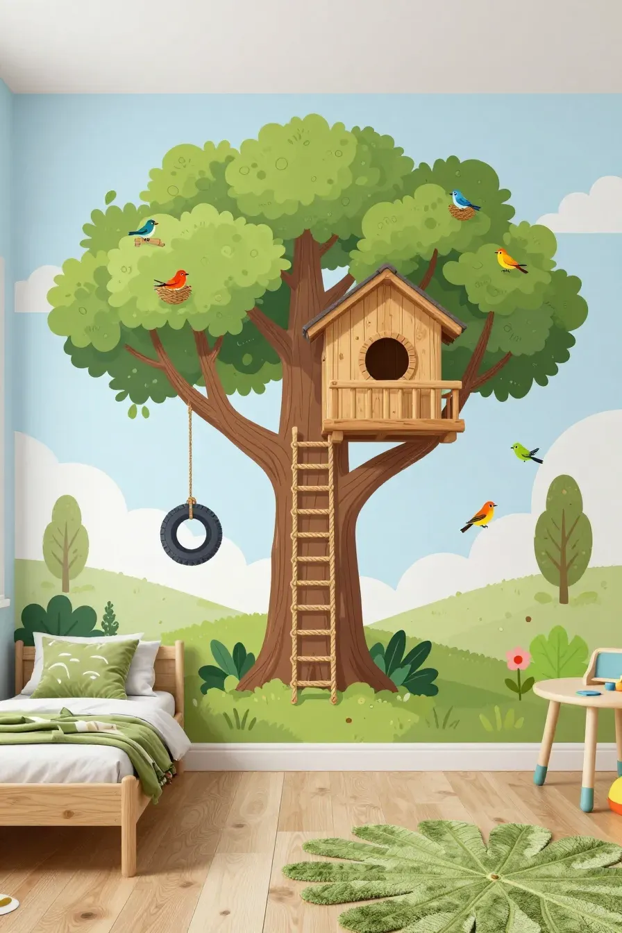 A colorful treehouse illustration mural on a nursery wall with a tire swing and birds.