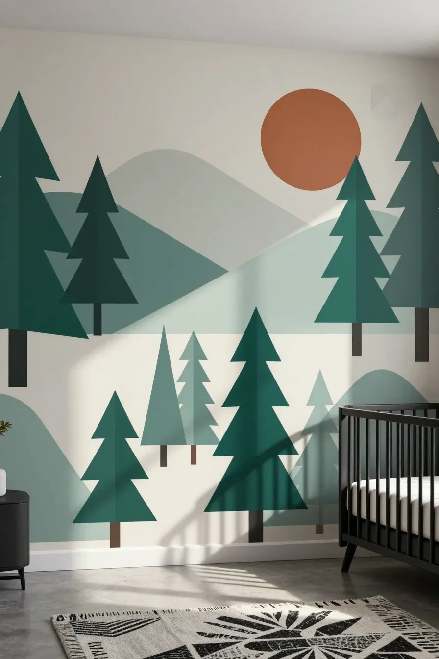 Modern nursery with teal and terracotta geometric shapes forming an abstract forest.