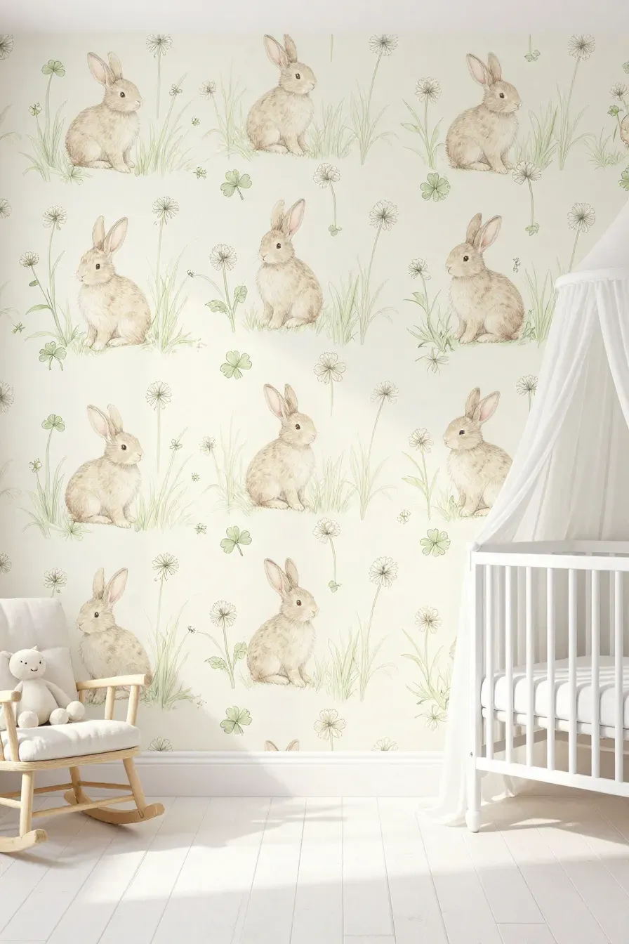 A bright, airy nursery with soft beige rabbit and clover meadow print wallpaper.