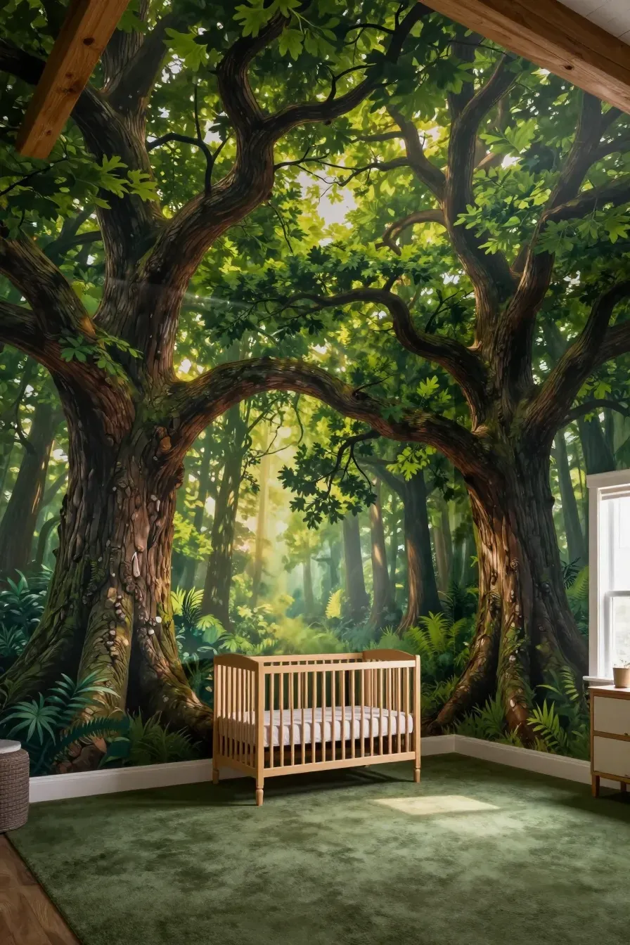 Immersive nursery mural featuring large-scale oak trees that cover the entire wall.