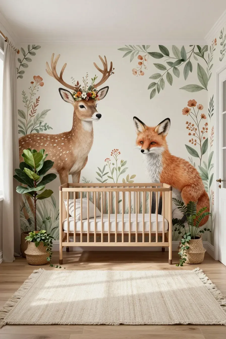 A boho woodland nursery with deer and fox wallpaper wearing floral crowns and macrame decor.