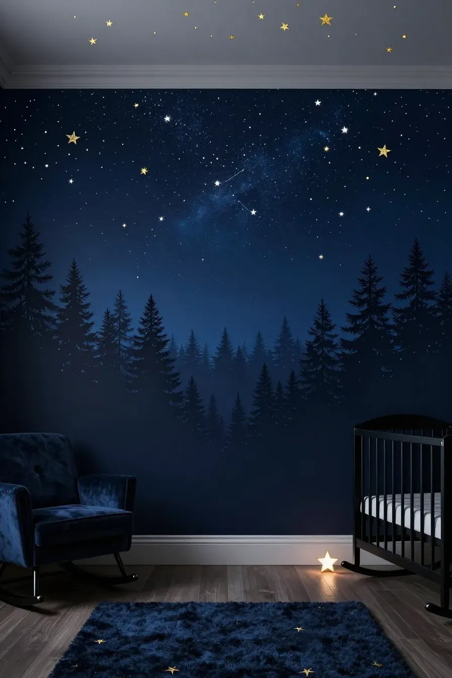 A dark blue nursery mural featuring a starry sky over a silhouetted pine forest treeline.