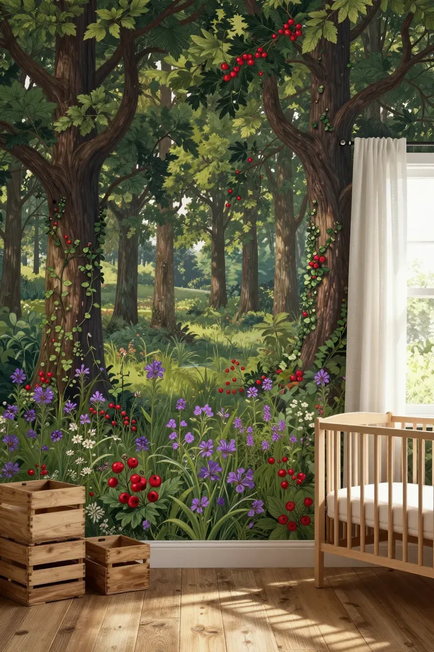 A cottagecore nursery with dense wildflower and tree wallpaper and simple wooden furniture.