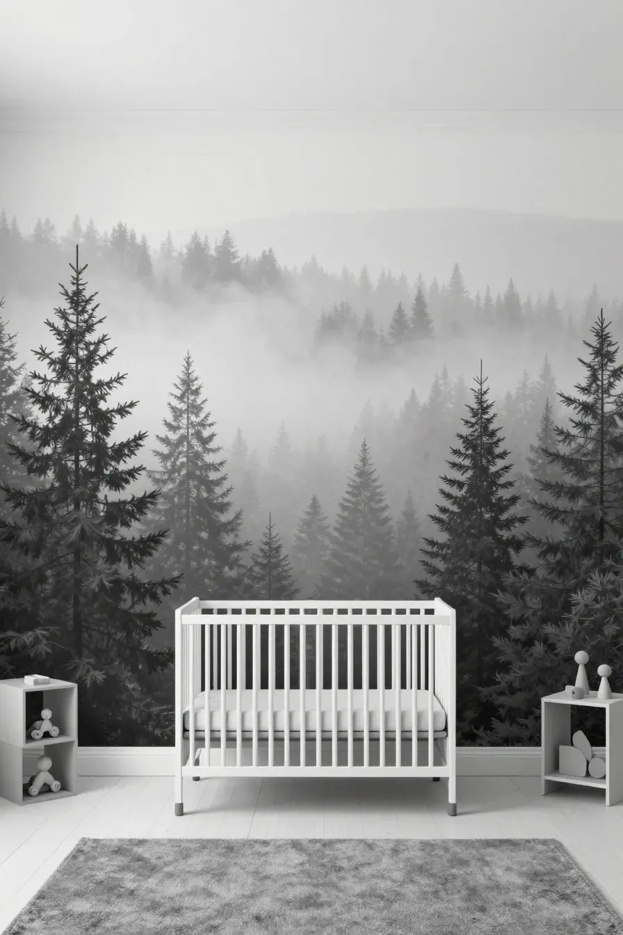 A modern nursery with a grayscale mural of a foggy forest and minimalist gray furniture.
