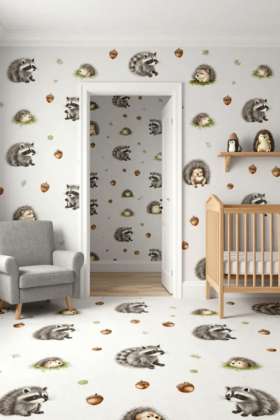 A playful nursery with a small-scale raccoon and hedgehog wallpaper pattern and matching decor.