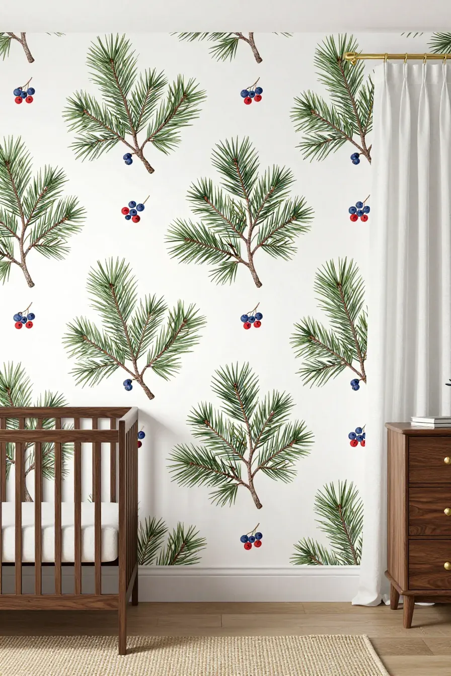 A stylish nursery with a botanical cedar branch and berry wallpaper and walnut furniture.