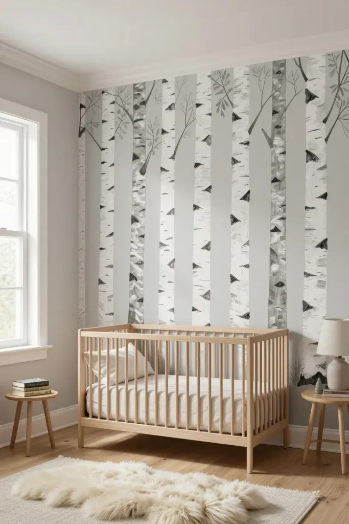 A nursery wall featuring hand-painted white birch trees with grey textured bark behind a modern crib.