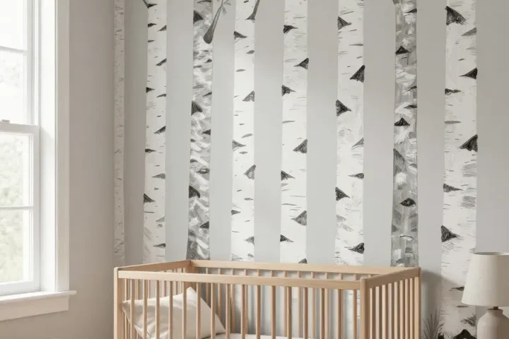 A nursery wall featuring hand-painted white birch trees with grey textured bark behind a modern crib.