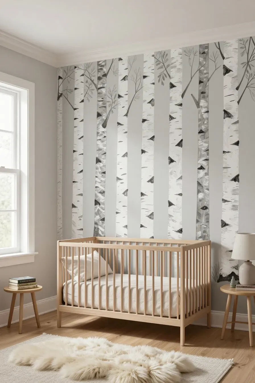 A nursery wall featuring hand-painted white birch trees with grey textured bark behind a modern crib.