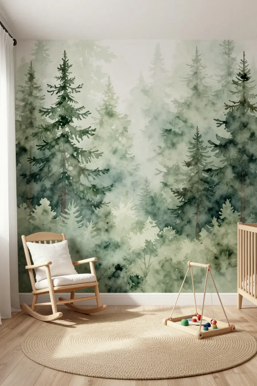 Soft watercolor pine forest wallpaper in a nursery with light wood furniture and a jute rug.