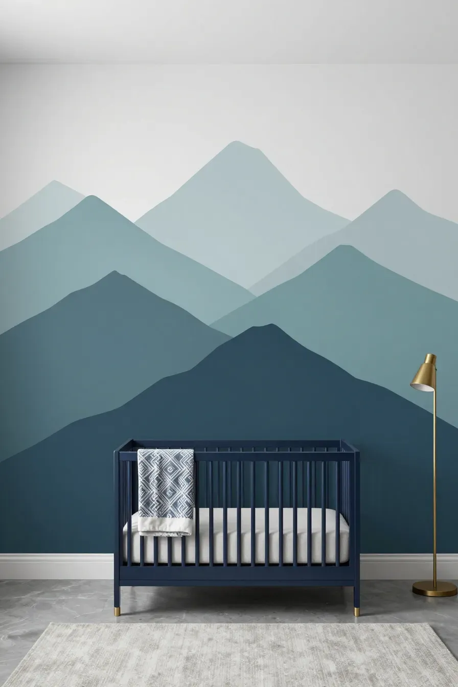 Overlapping mountain wall decals in shades of blue and grey behind a navy crib in a modern nursery.