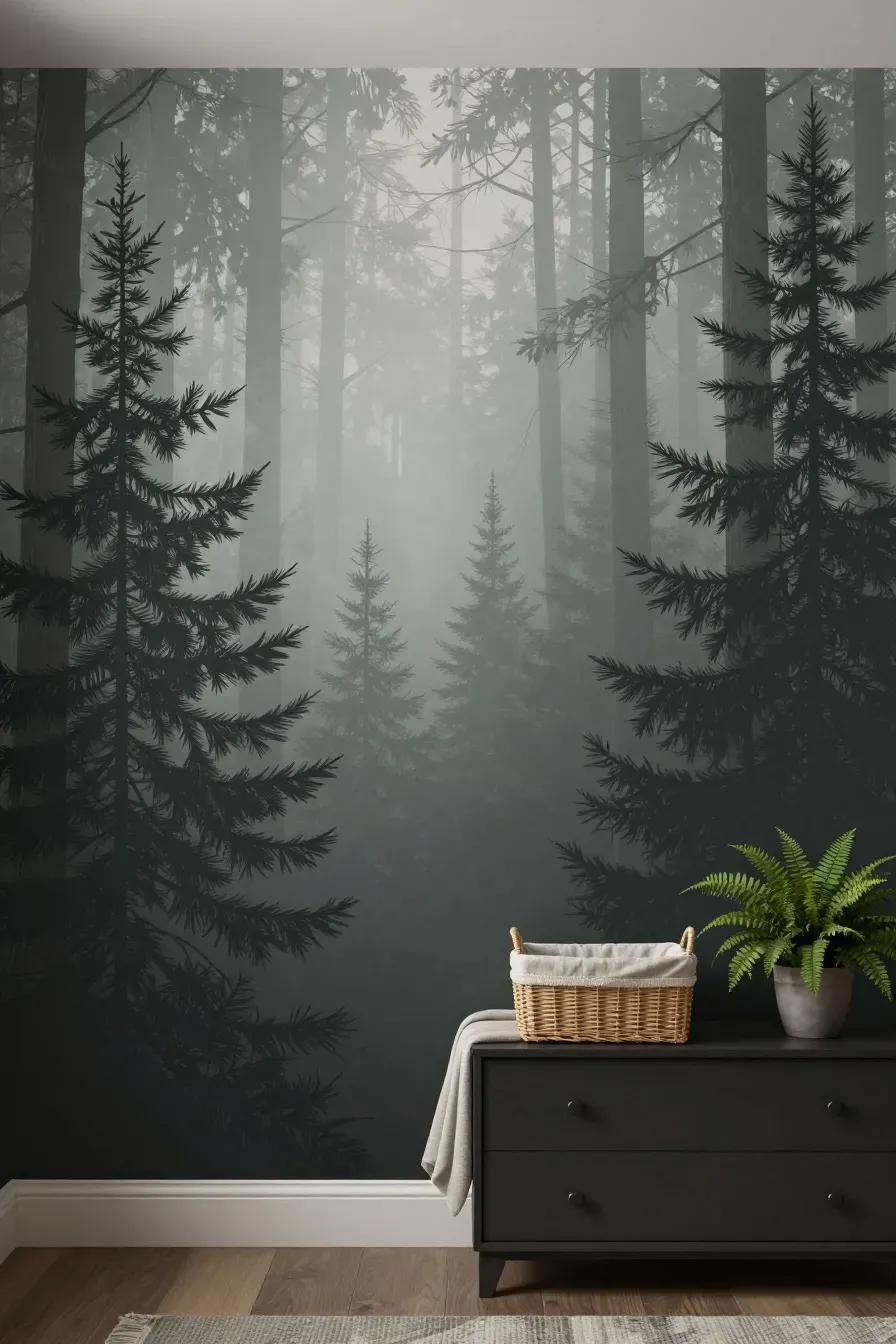 A misty forest mural with layered green and grey trees creating depth behind a wooden nursery dresser.
