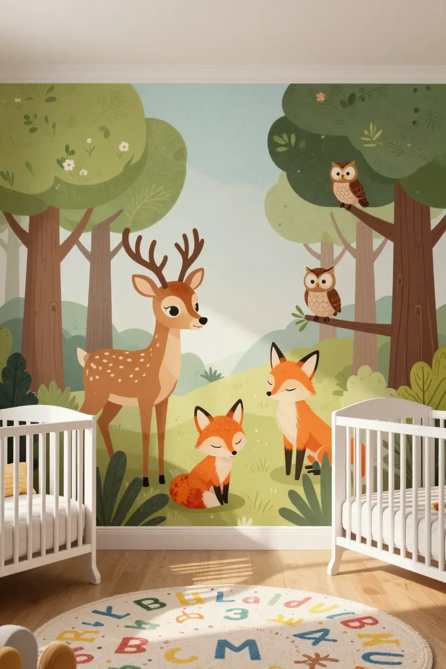 A whimsical nursery mural featuring a deer, fox, and owl among trees behind a white spindle crib.