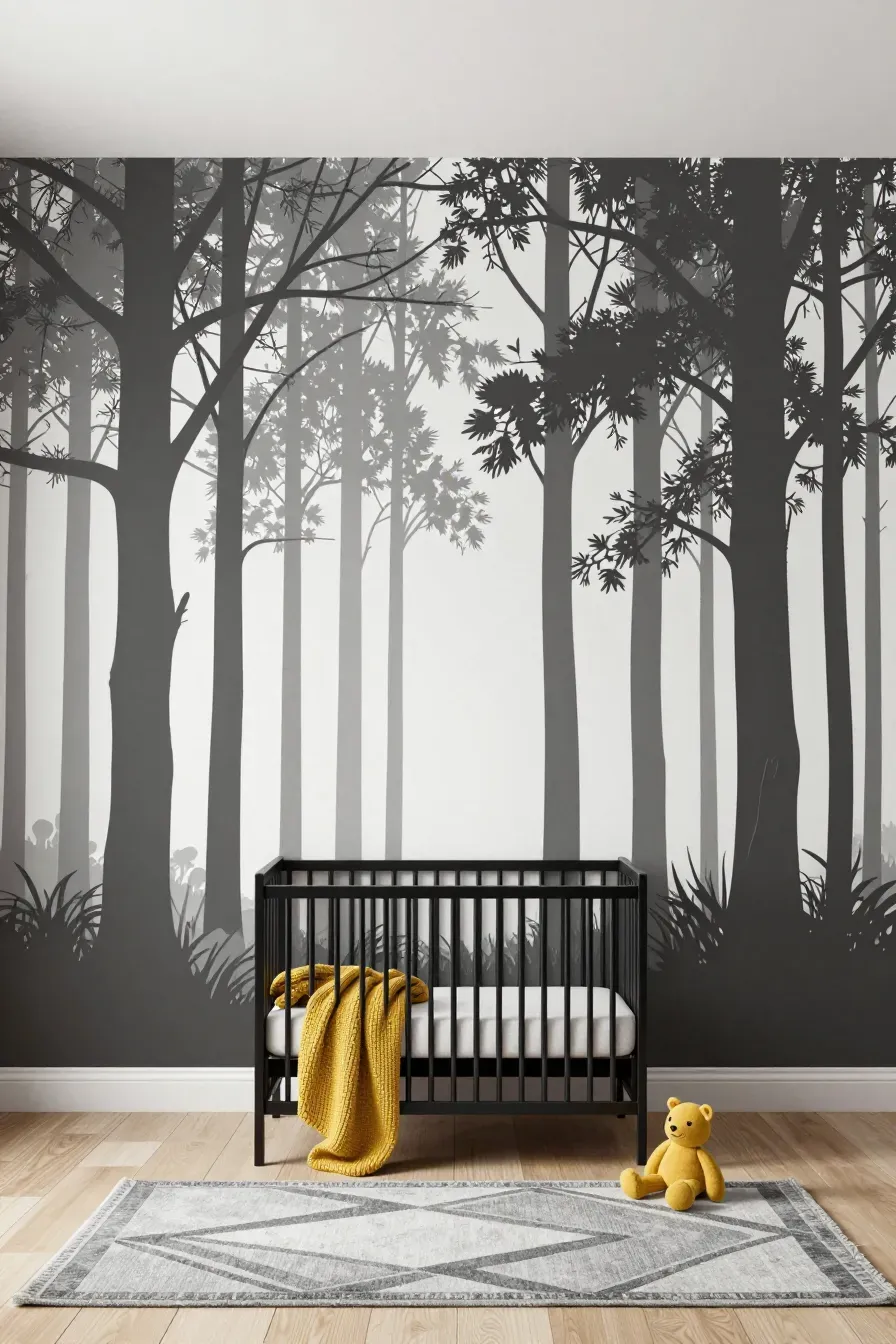 A high-contrast black and white tree silhouette mural in a modern nursery with a black metal crib.