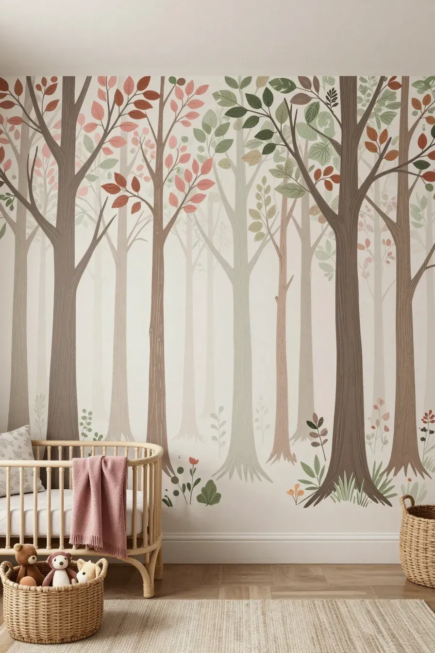 A stenciled tree mural with dusty rose and sage green leaves behind a rattan bassinet in a nursery.