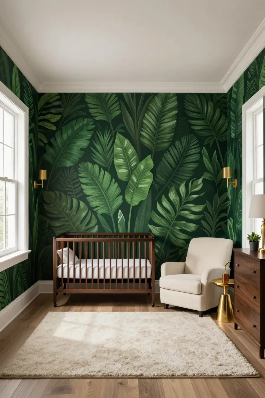 A luxurious nursery with a deep green botanical leaf mural, dark wood crib, and gold accents.