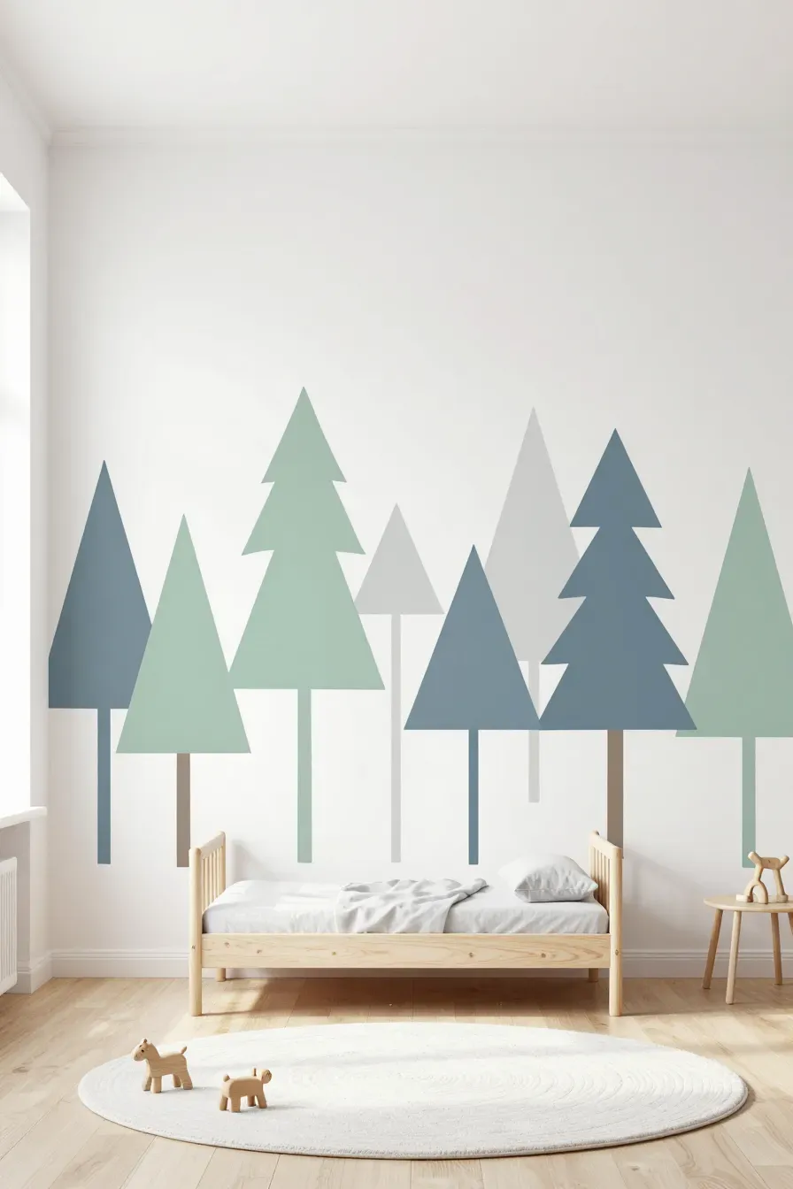 A minimalist nursery featuring a DIY geometric triangle tree mural in sage and blue tones.