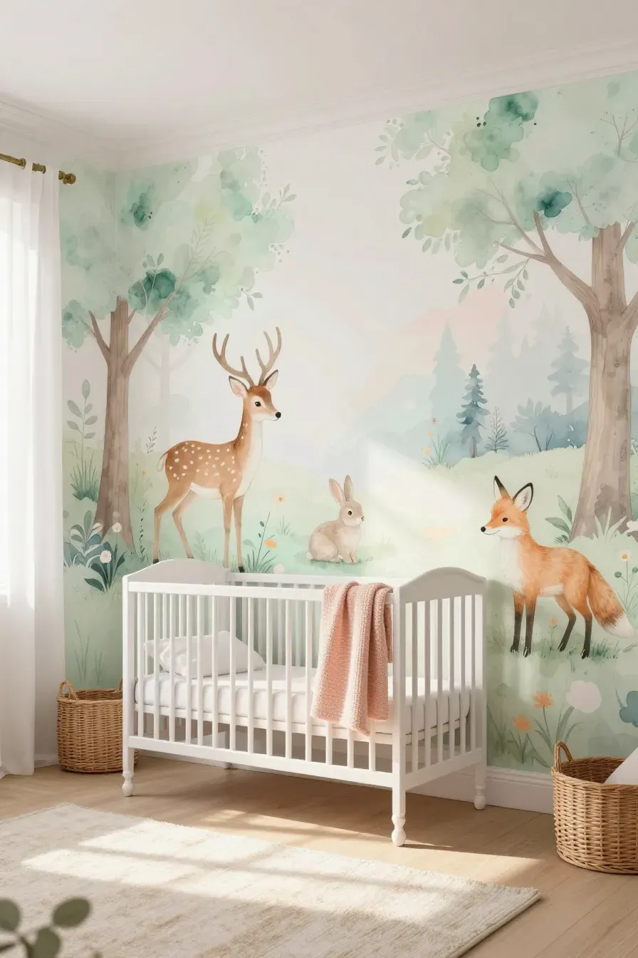 A soft pastel nursery mural with watercolor deer and foxes behind a white spindle crib.