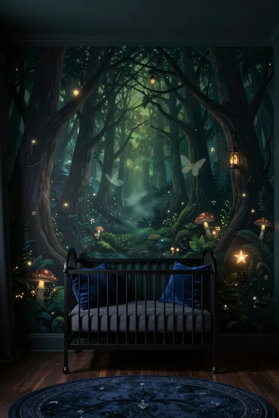 A dark navy enchanted forest mural with glowing mushrooms and tiny fairies in a nursery.