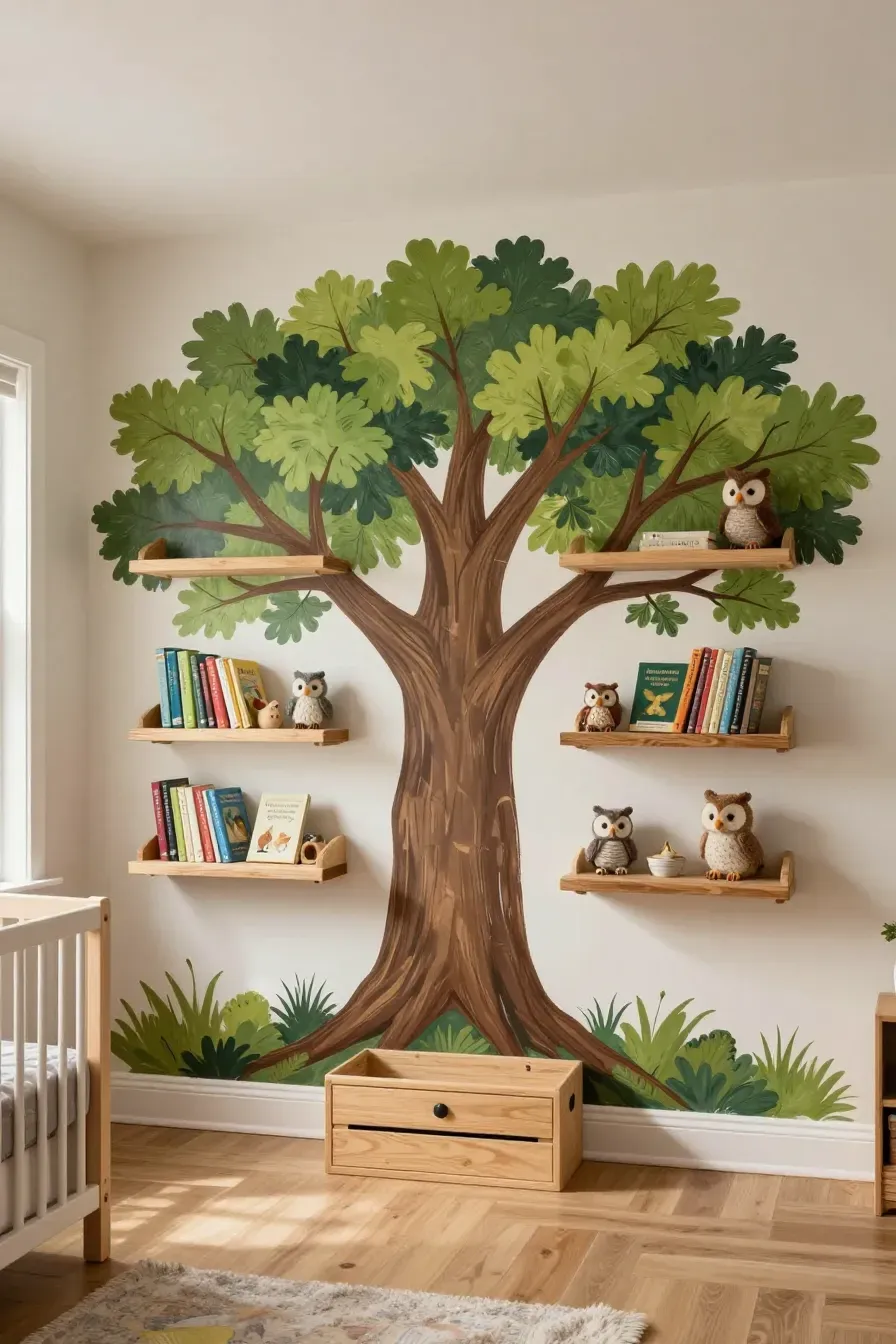A large oak tree mural in a nursery with wooden floating shelves integrated into the branches.