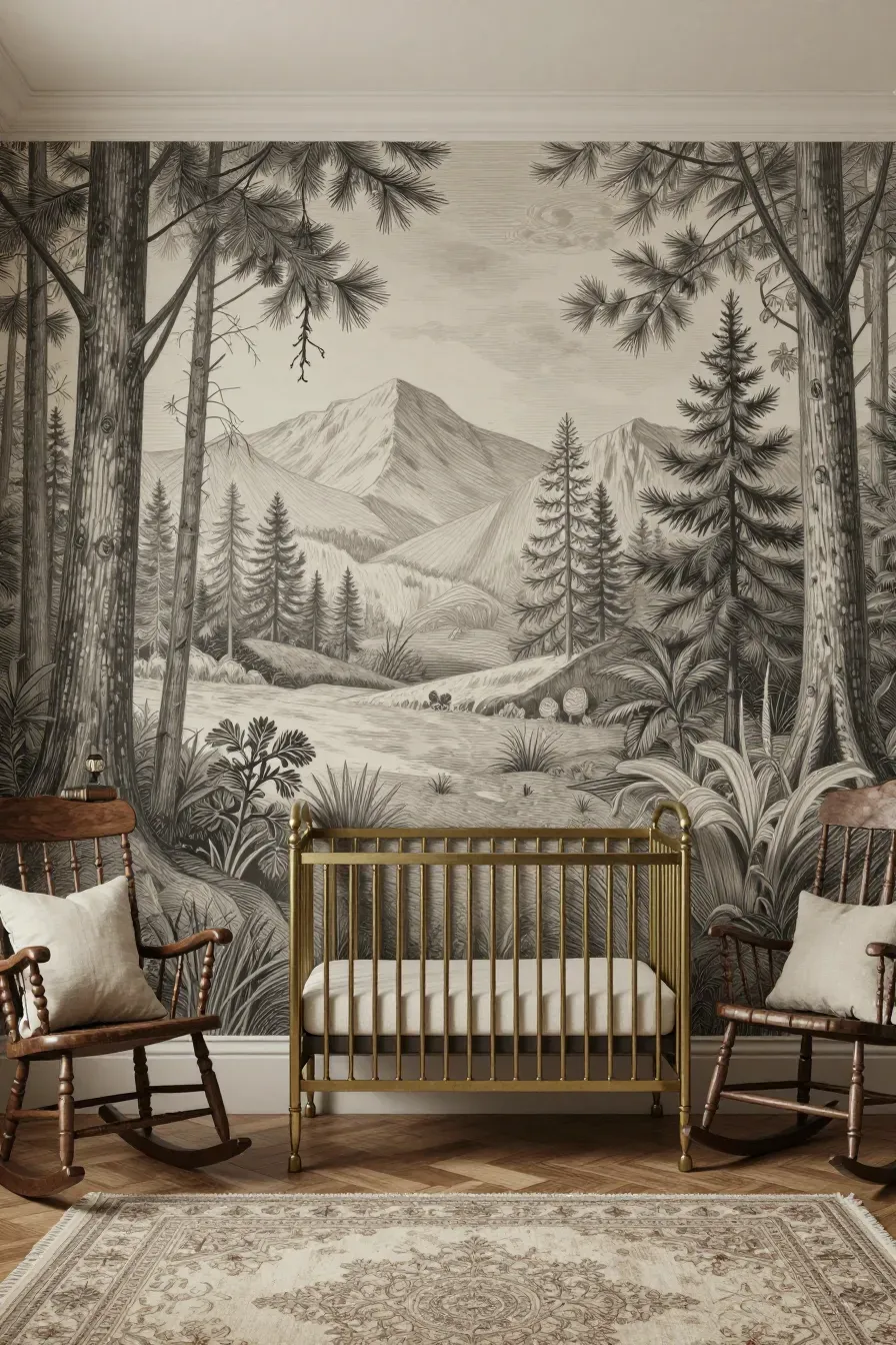 A vintage-style nursery with a sepia-toned etched forest mural and a brass crib.