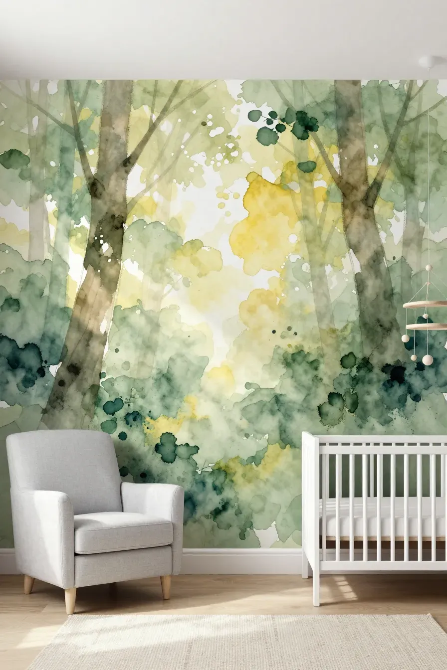 An abstract watercolor forest mural in a nursery with blended green and yellow tones.
