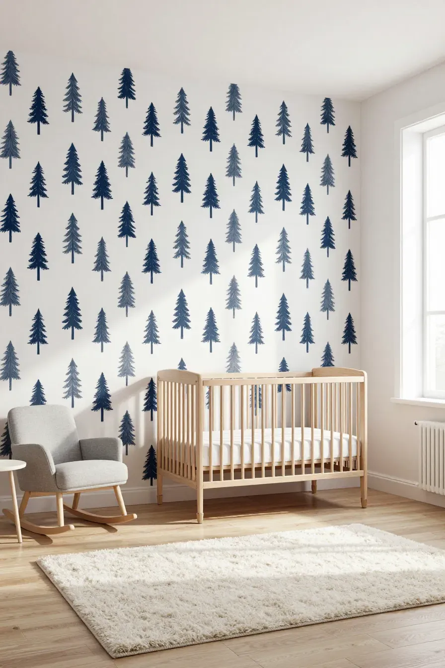 A minimalist nursery with a navy blue pine tree pattern mural and light oak furniture.