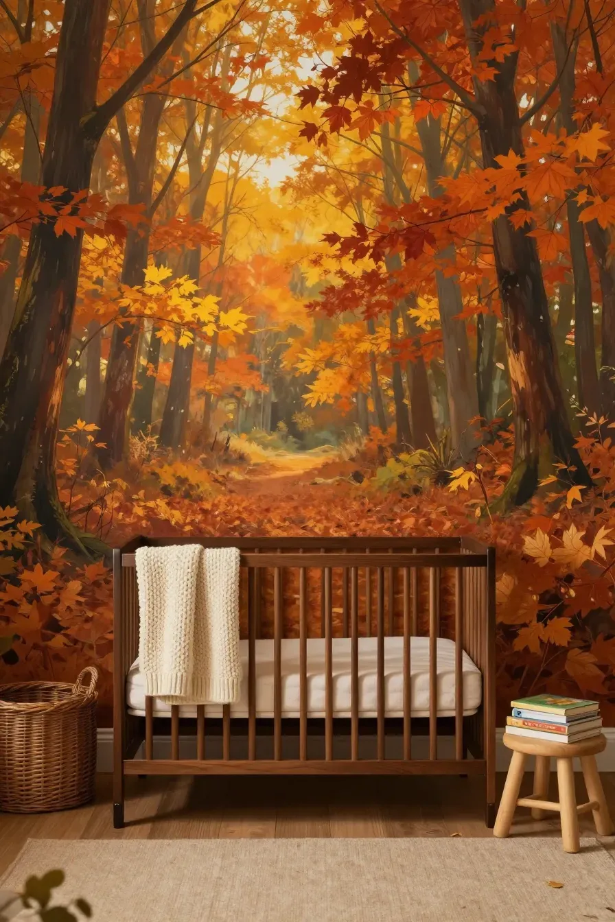 A cozy nursery featuring a large autumn forest mural with red and orange leaves and walnut furniture.